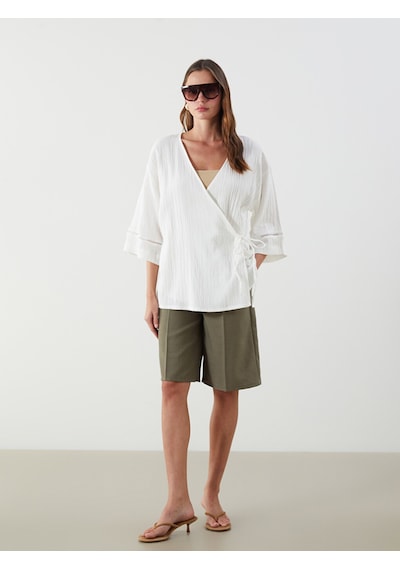 Lcw Vision Beyaz V Yaka Dokulu Oversize Kadın Kimono