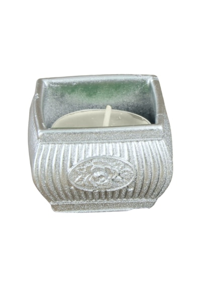 Eskitme Mumluk Şamdan Tealight Mum Uyumlu Mini Çizgili Çiçekli Model - Gümüş