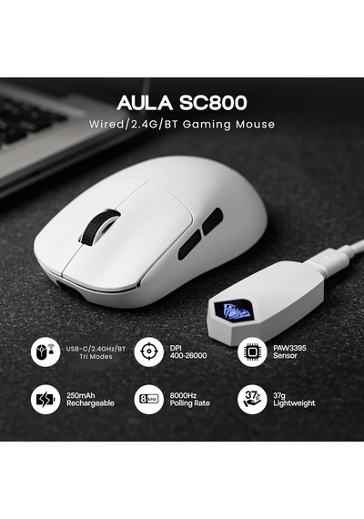Sc800 Lightweight Paw3395 Sensor 26000 Dpı 8000hz Kablolu Ve Kablosuz Gaming Oyuncu Mouse Beyaz Genel