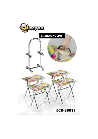 Eranş Serisi 4'lü Katlanır Cam Beyaz Gri Desen Çanta Zigon Sehpa Krom Ayak Makaron Desen