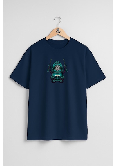 Bahriyeli Collection Oversize Mecha Octopus Diver Dalgıç Göğüs Tasarımlı Unisex T-shirt Lacivert