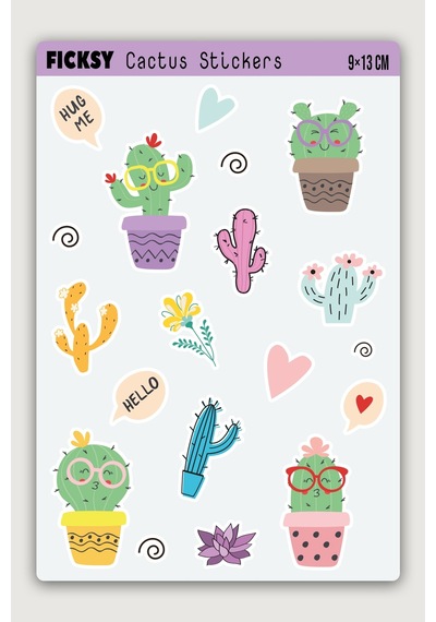 Sevimli Gözlüklü Kaktüs Sticker Seti Pastel Tonları - 12 Adet Etiket Çıkartma Diğer