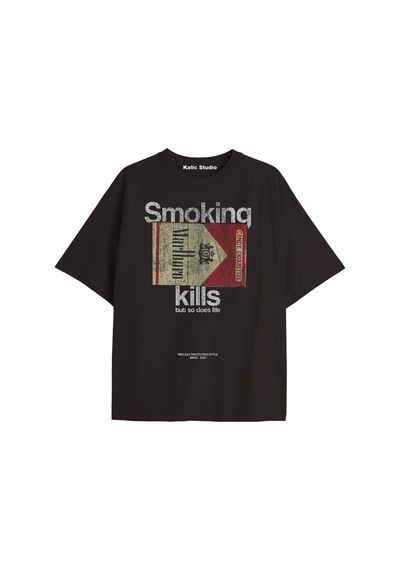 Kalic Studio Smoking Kills Unisex Oversize T-shirt Siyah Metalik