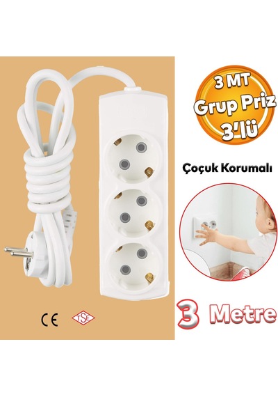 Çoçuk Korumalı Kablolu 3'lü Topraklı Grup Priz Çoğaltıcı 3 Metre Çoklu Uzatma Kablosu Anahtarsız 0