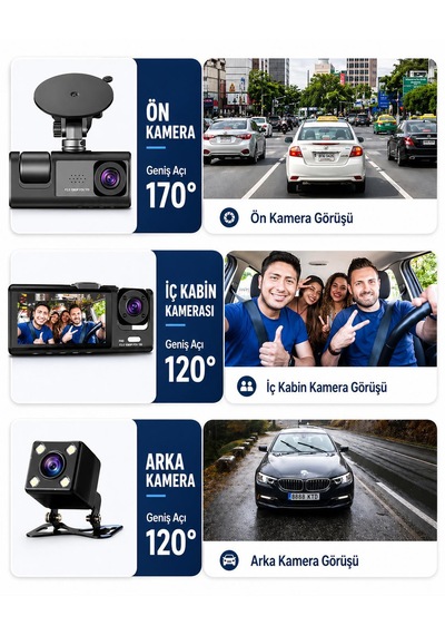 Araç İçi Kamera 1296p 3 Lens Cama Yapışan Model Ekranlı Geri Görüş Kamerası Video Kayıt 170 Derece Geniş Açı G-sensör Döngüsel Kayıt Hafıza Kart Takılabilir Gece Görüş