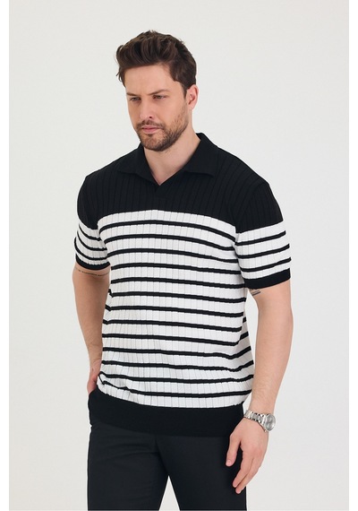 Cool Tarz Erkek Polo Yaka Beyaz Çizgi Detaylı Siyah Triko T-shirt Siyah Siyah