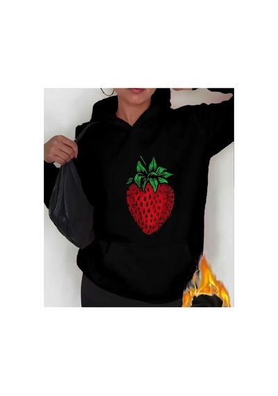 Herkesemoda Çilek Baskı Detaylı Kapüşonlu Sweatshırt Siyah