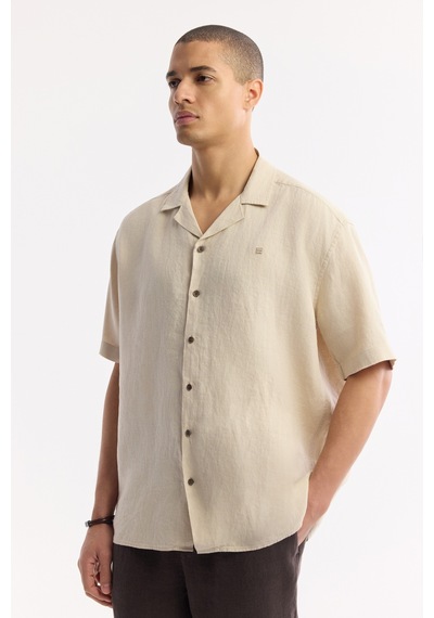 Avva Erkek Bej Apaj Yaka %100 Keten Kısa Kollu Oversize Fit Gömlek A51y2209