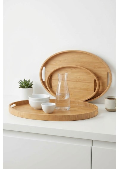 Makri Home Bambu Oval 3'lü Tepsi Seti. Küçük Tepsi: 20x29 Cm. Orta Tepsi: 26x36 Cm. Büyük Tepsi: 31x45 Cm Ahşap