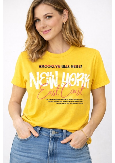 Herkesemoda East Coast Baskı Detaylı Kadın Bisiklet Yaka Pamuklu T-shirt Sarı