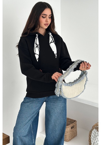 Noa & Noa Kadın Fular Detaylı Kapüşonlu Sweatshirt Casual Charm Siyah