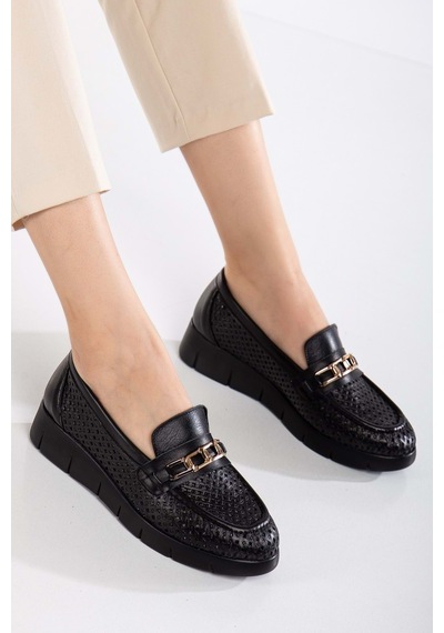 Analin Shoes Kadın Hakiki Deri Günlük Lazerli Tokalı Rahat Ayakkabı Siyah