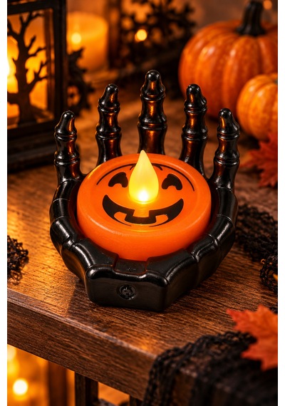 Halloween Cadılar Bayramı Led Işıklı İskelet El Mumluk Siyah Turuncu Balkabağı Dekoru 6x6 Cm Renkli