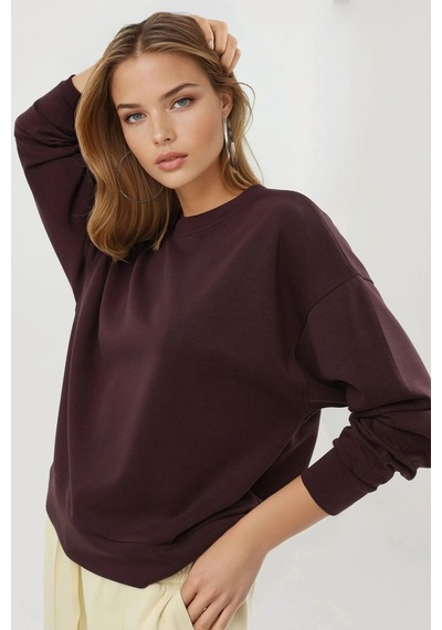 Hiccup Busem Rahat Kesim Bisiklet Yaka Modal Sweatshirt Bordo Kırmızı