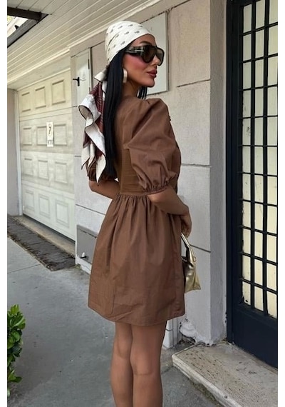 Defymoda Önü Fiyonk Bağlamalı Ve Balon Kollu Elbise 2893 Kahverengi