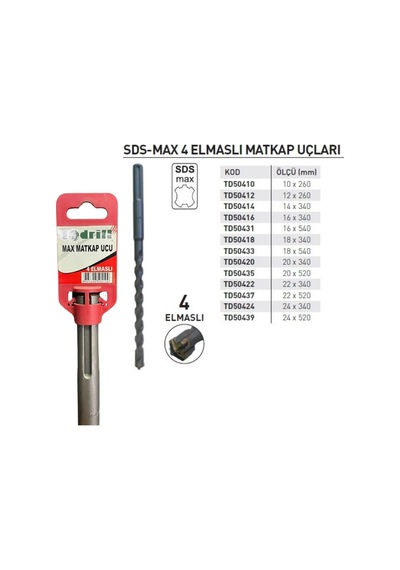Todrill Td50412 Sds Max 12x260 Mm Matkap Ucu, 4 Elmaslı