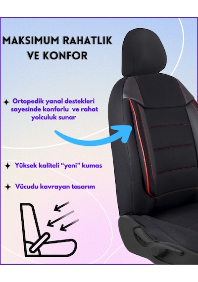 Tofaş Doğan Araçlara Uyumlu Tam Takım Cover K Model Oto Koltuk Kılıfı Siyah-kırmızı
