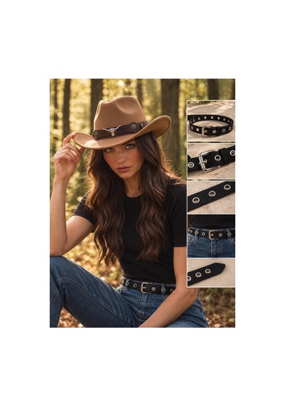 Gigi Luxe Kadın İçten Ayarlanabilir Metal Toka Desenli Kovboy Şapkası Fötr Şapka Camel Camel