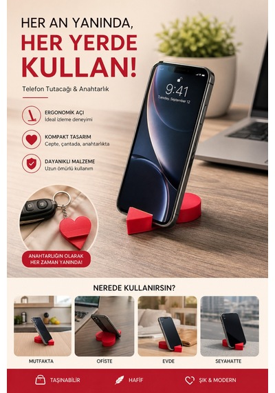 3dmarketi Kalp Telefon Tutucu Kırmızı 2'li Set