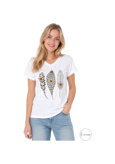 Cassime Kadın Siyah %100 Pamuk Regular/normal Kalıp Çiçek Nakışlı Örme T-shirt Beyaz