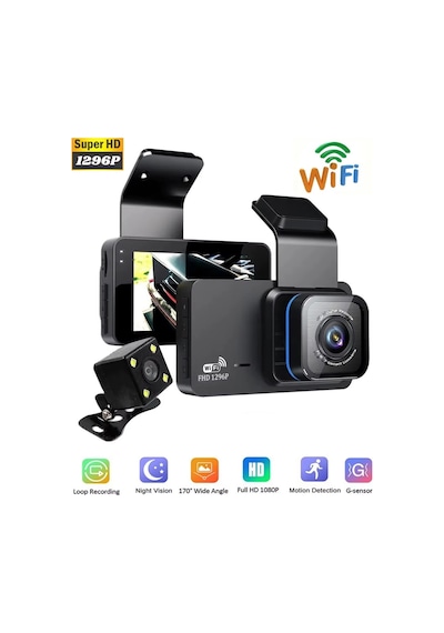 Wifi Li Araç İçi Kamera 3 İnç Ekranlı Ön Ve Geri Görüş Kameralı Mikrofonlu 1296p Super Hd