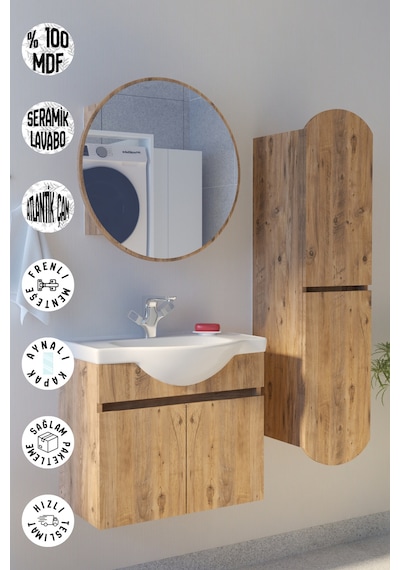 Makbulce Erciyes Havlu Dolaplı 65cm Seramik Lavabolu Mdf Oval Aynalı Banyo Dolabı Atlantik Çam Makbulce Erciyes Havlu Dolaplı 65cm Seramik Lavabolu Mdf Oval Aynalı Banyo Dolabı Atlantik Çam