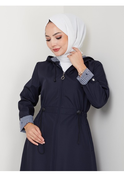 Hb Harma Time Butik Kadın Kapüşonlu Çizgi Detaylı Lacivert Bondit Kap