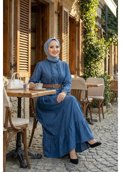 Hb Harma Time Butik Kadın Fırfır Detaylı Düğmeli Kemerli Kot Mavi Elbise Koyu Mavi