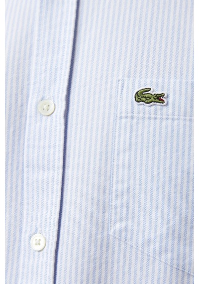 Lacoste Men's Regular Fit Shirt Organik Pamuk Çizgili Erkek Gömlek Açık Mavi Beyaz