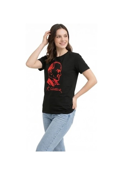 Defymoda Atatürk Baskılı Tişört Kısa Kollu Bisiklet Yaka T-shirt - Siyah