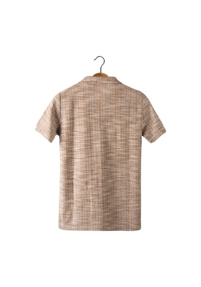 Erkek Bej Kısa Kollu Slim Fit Çizgi Desenli Pamuklu Yazlık Gömlek Taş