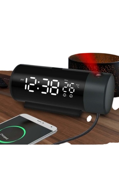 Modern Projeksiyonlu Silindir Led Çalar Saat Dijital Ekran, Usb, Sıcaklık & Çift Alarm Siyah