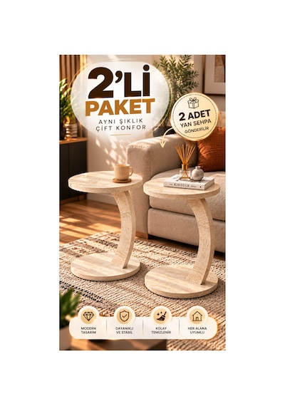 2'li C Sehpa Seti Modern Tasarım Yan Sehpa Traverten Traverten