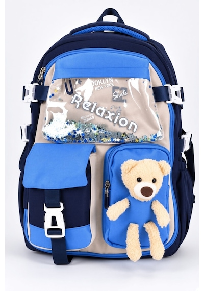 Mavi Lacivert Ayıcıklı Maskotlu Lüks Okul Sırt Çantası Geniş Ergonomik Çocuk 40x30x15 Cm Çok Renkli