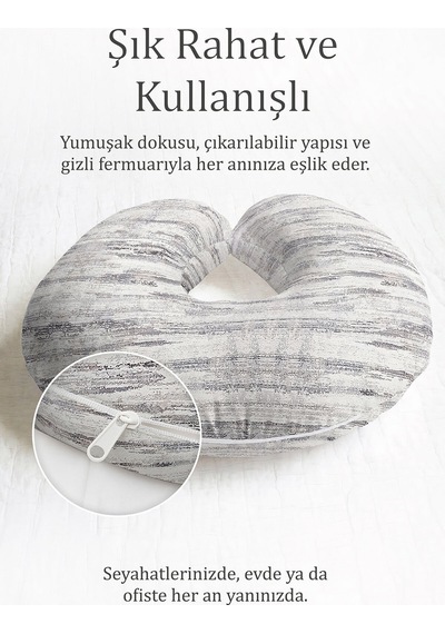 Modern Gri Çizgili Ergonomik Boyun Yastığı - Doğal Tonlarda Yumuşak Gri Beyaz Seyahat Yastığı Koyu Orman Kabak