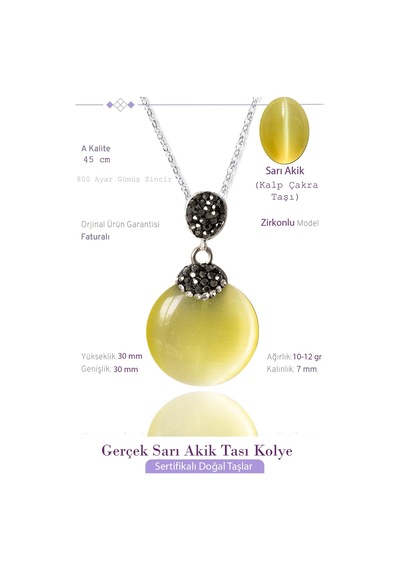Erilsa Sertifikalı Zirkon Taşlı Sarı Akik Taşı Kolye Çok Renkli