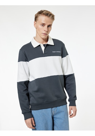Koton Renk Bloklu Nakışlı Polo Yaka Uzun Kollu Sweatshirt Antrasit 7wam70026mk
