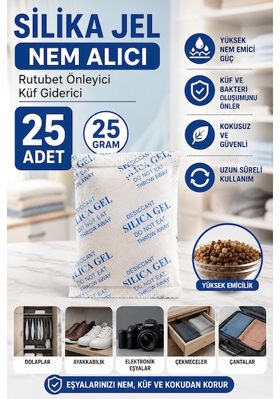 25 Adet 25 Gr Silikajel Nem Alıcı Silika Jel Rutubet Önleyici Küf Giderici Desiccant