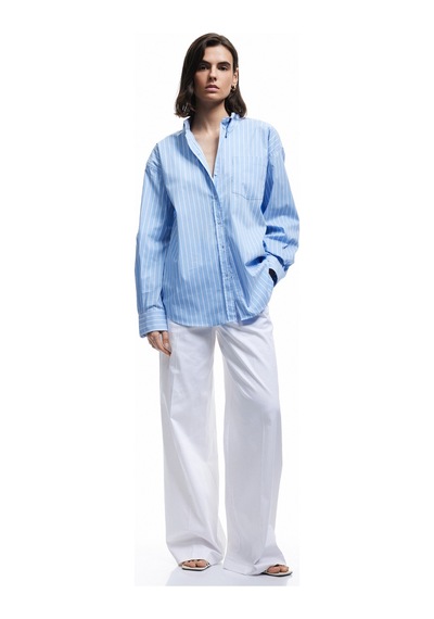 Koton Klasik Yaka Uzun Kollu Oversize Poplin Gömlek Mavi Çizgili 6wak60022pw