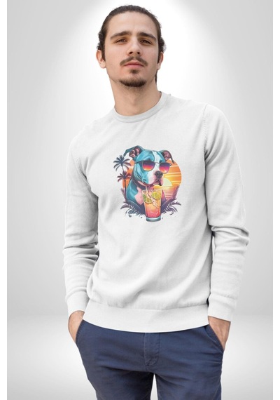 Tatil Köpek Soğuk Kokteyl İçeçek Unisex Beyaz Baskılı Sweatshirt Beyaz