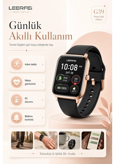 Dokunmatik Ekranlı Rose Gold Akıllı Saat Kablosuz Şarj Özellikli Günlük Kullanım