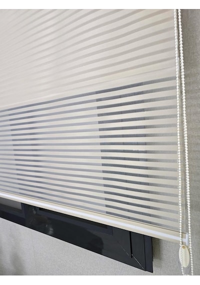 İnce Zebra Çizgili Çift Mekanizmalı Tül Ve Stor Perde Ts2025 Sütlü Kahve