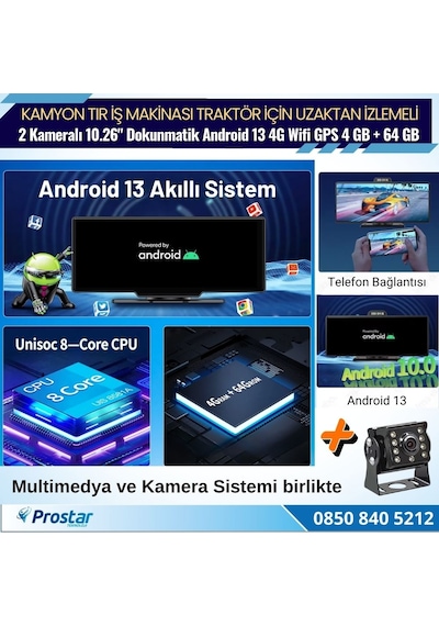 Kamyon Tır İçin Kayıtlı 2 Kameralı Android 13 Wıfı Gps 4g Uzaktan İzlemeli 4 Gb + 64 Gb Carplay 512 Gb Destekli Tak Kullan Kamera Seti