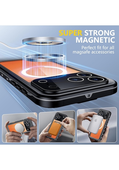 Apple Uyumlu iPhone 17 Pro Max İle Uyumlu Kılıf Su Geçirmez 360 Derece Koruma Waterproof Telefon Kılıfı Siyah