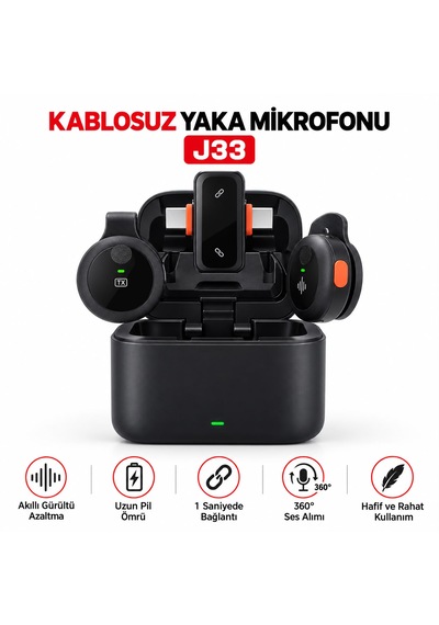 J33 Kablosuz Yaka Mikrofonu 30 Metre Menzil Kablosuz İletim 24 Saat Pil Çift Mikrofon Yapay Zeka Destekli Gürültü Engelleme 360 Derece Ses Algılama Tyep-c Ve Lightning Uyumlu-vlog-canlı Yayın-röportaj