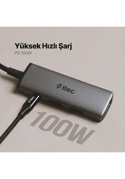Ttec 4in1 100w Type C Çoğaltıcı Çevirici Hub, 2x Usb, 1x Pd Type C Ve 1x 4k Hdmi Girişli Çoğaltıcı Adaptör