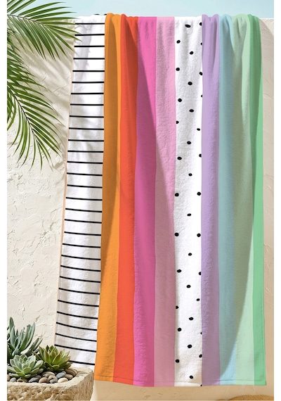 Renkli Çizgili Modern Plaj Havlusu - Pastel Geometrik Minimalist Hızlı Kuruyan Mikrofiber Havlu Çok Renkli