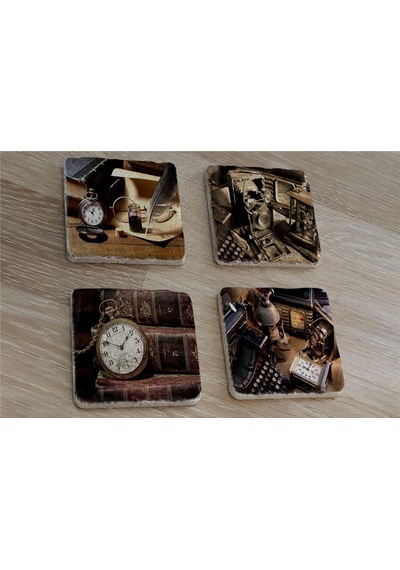 Köstekli Saat Daktilo Fotoğraf Makinesi Tüy Kalem Doğal Taş Bardak Altlığı 4'lü Set - Natural Stone Coasters - Taş Çok Renkli