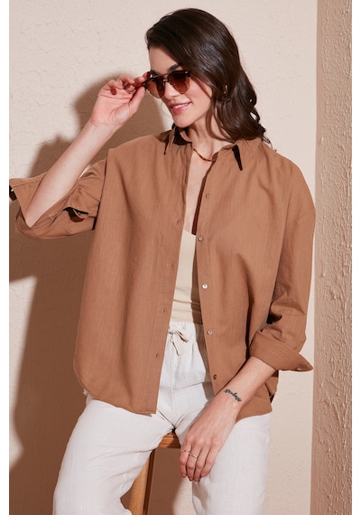 Lela Pamuklu Regular Fit Uzun Kollu Düz Bayan Gömlek Cf25S168305 Camel