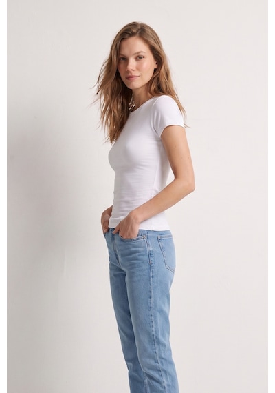 Elemge %95pamuk %5likra Vücuda Oturan Magic Fit Beyaz Kadın Stretch T-shirt Compact Penye Kısa Kol Esnek Basic Tişört Elastan